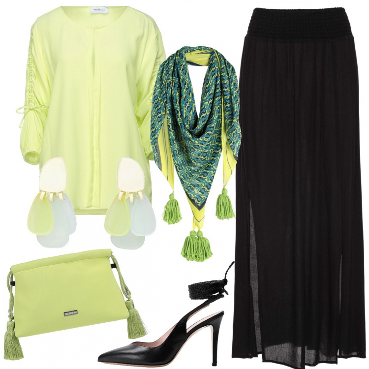 Outfit donna - Cerimonia informale. Stile Boho per Cerimonia. Abbinamento con gonne lunghe, bluse, sciarpe, borse a mano, décolleté, orecchini.
