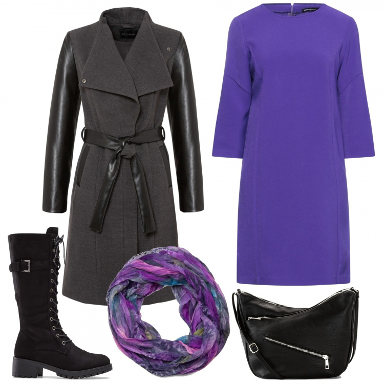 Outfit donna - Casual #2733. Stile Casual per Tutti i giorni. Abbinamento con stivali, borse a tracolla, cappotti, vestiti corti, foulard.