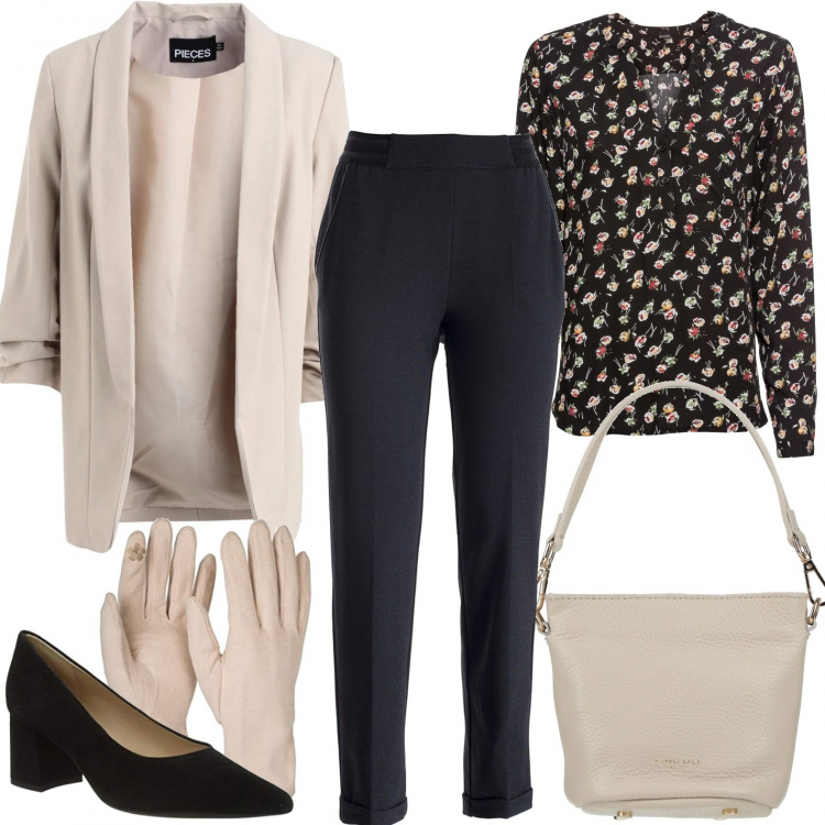 Outfit donna - A cena con i colleghi. Stile Minimal per Serata fuori. Abbinamento con bluse, blazer, borse a mano, pantaloni chino, scarpe col tacco, guanti.
