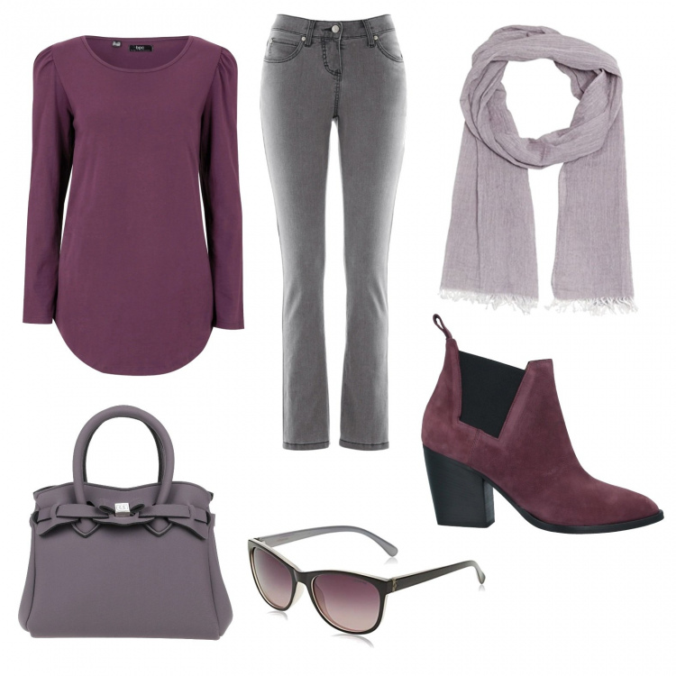 Outfit donna - Un tocco di viola, per tutti i giorni. Stile Casual per Tutti i giorni. Abbinamento con jeans slim fit, maglieria, borse a mano, stivaletti, sciarpe, occhiali da sole.