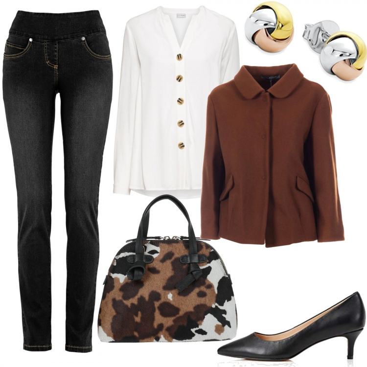 Outfit donna - Stile in jeans. Stile Casual chic per Tutti i giorni. Abbinamento con jeans, camicie, borse a mano, giacche, scarpe col tacco, orecchini.