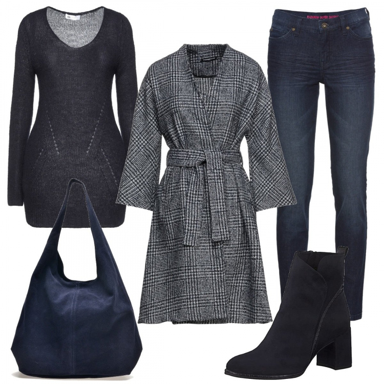 Outfit donna - Un caffè con un\'amica. Stile Basic per Tutti i giorni. Abbinamento con jeans skinny, cappotti, pullovers, borse a spalla, stivaletti.
