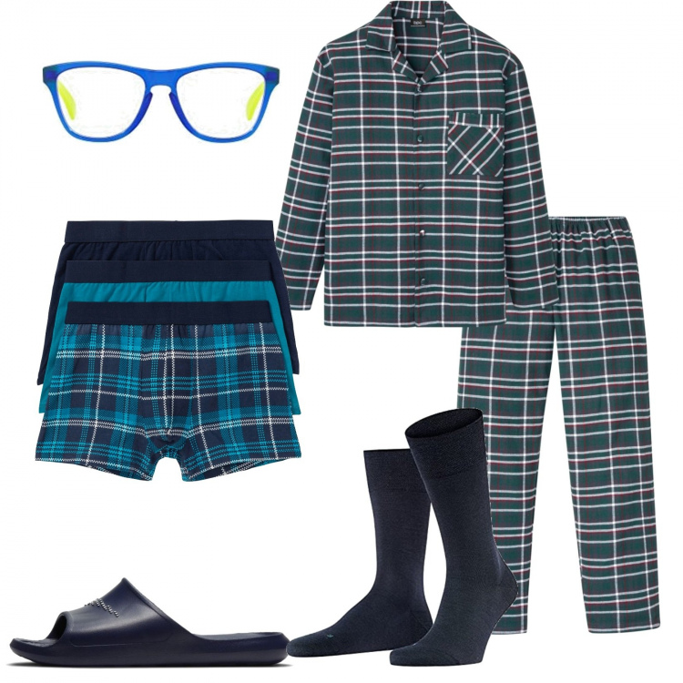 Outfit uomo - Relax serale. Stile Casual per Tutti i giorni. Abbinamento con boxer, abbigliamento da notte, occhiali da sole, sandali, calzini.