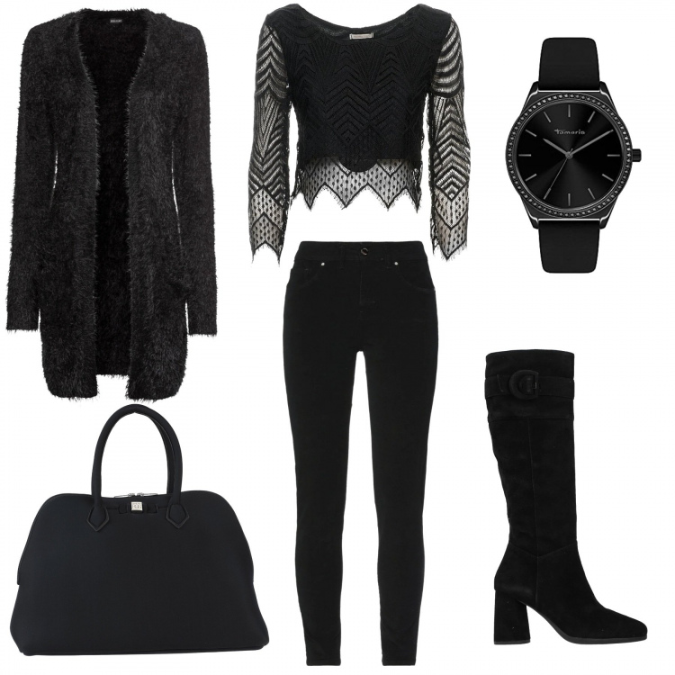 Outfit donna - Only Black. Stile Casual chic per Tutti i giorni. Abbinamento con cardigans, stivali, borse a mano, pantaloni skinny, top, orologi.