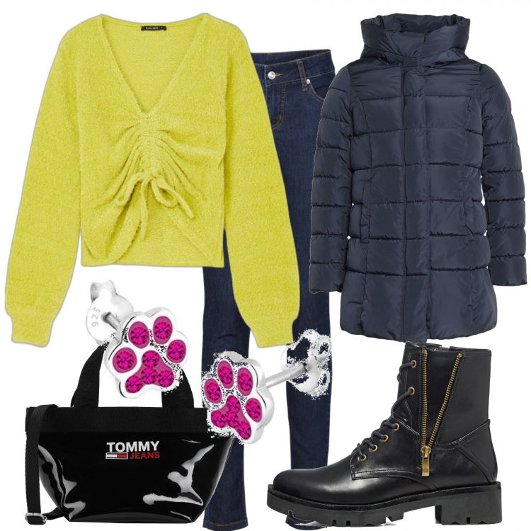 Outfit donna - Jeans e piumino al caldo in città. Stile Basic per Tutti i giorni. Abbinamento con jeans skinny, piumini, borse a mano, maglieria, anfibi, orecchini.