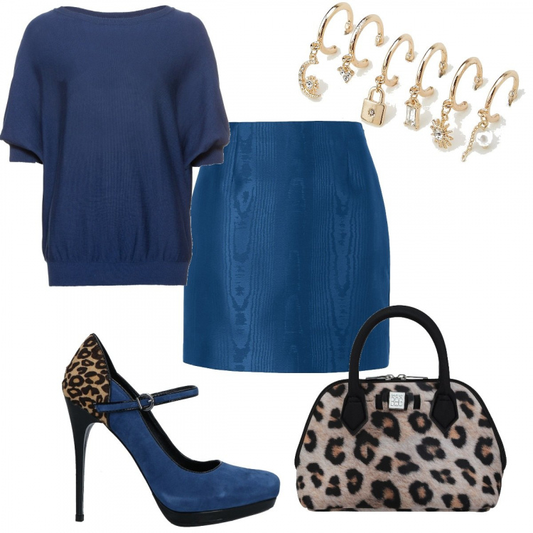 Outfit donna - Maculato e blu. Stile Glamour per Tutti i giorni. Abbinamento con maglieria, décolleté, gonne longuette, borse a mano, orecchini.