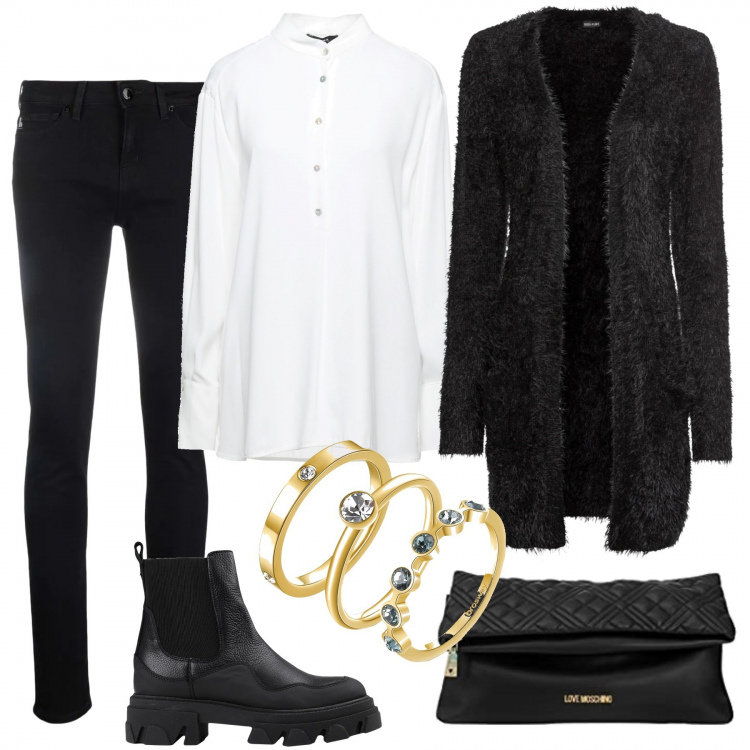 Outfit donna - Streetwear. Stile Urban per Tutti i giorni. Abbinamento con cardigans, camicie, stivaletti, anelli, jeans skinny, borse a spalla.