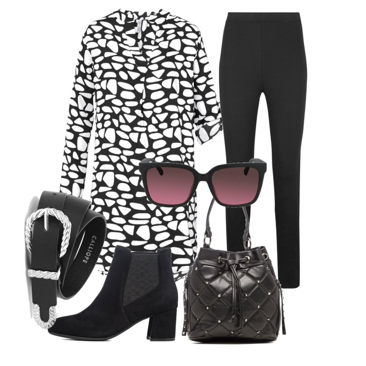 Outfit donna - Lenti Viola. Stile Casual per Tutti i giorni. Abbinamento con leggings, vestiti, cinture, borse a secchiello, stivaletti, occhiali da sole.