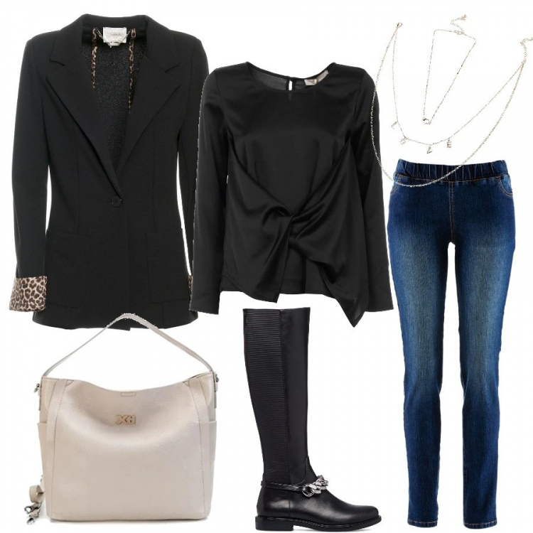 Outfit donna - Aperitivo a febbraio. Stile Casual chic per Serata fuori. Abbinamento con treggings, blazer, bluse, collane, stivali, borse a spalla.