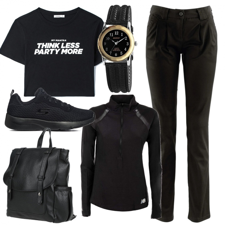 Outfit donna - Voglia di studiare. Stile Sporty chic per Scuola/Università. Abbinamento con pantaloni chino, zaini, t-shirt, felpe, scarpe sportive, orologi analogici.
