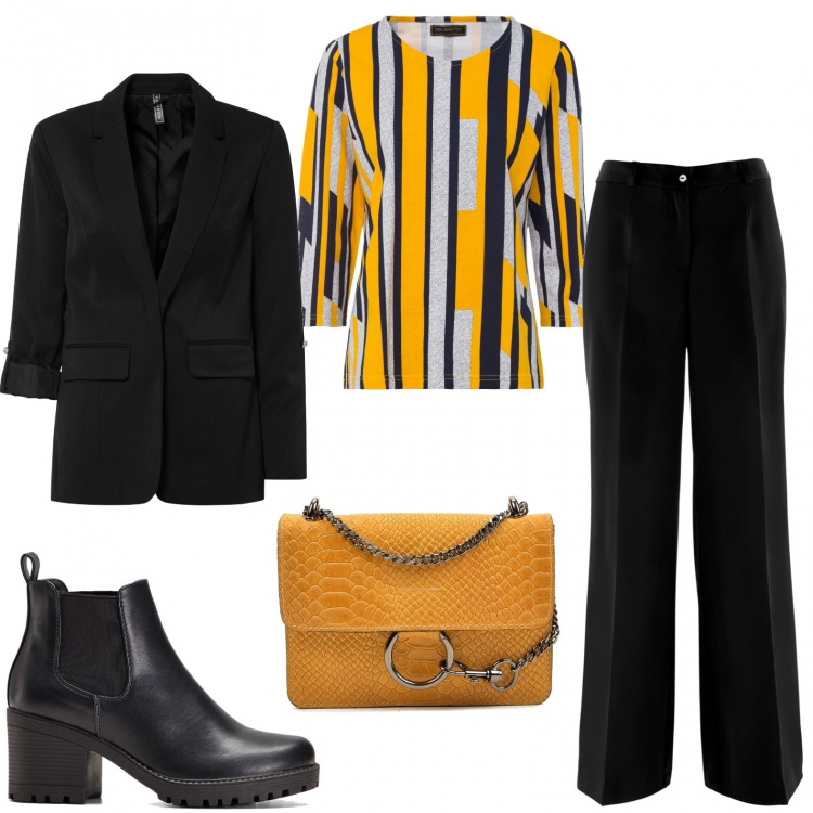 Outfit donna - Lavoro con fantasia. Stile Chic per Ufficio. Abbinamento con stivaletti chelsea, maglieria, pantaloni, blazer, borse a spalla.