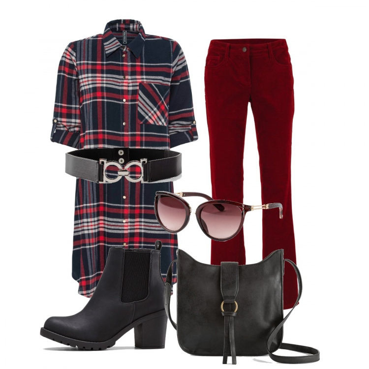 Outfit donna - A Quadri. Stile Casual per Tutti i giorni. Abbinamento con vestiti chemisier, pantaloni, occhiali da sole, stivaletti, borse a tracolla, jeans mom.