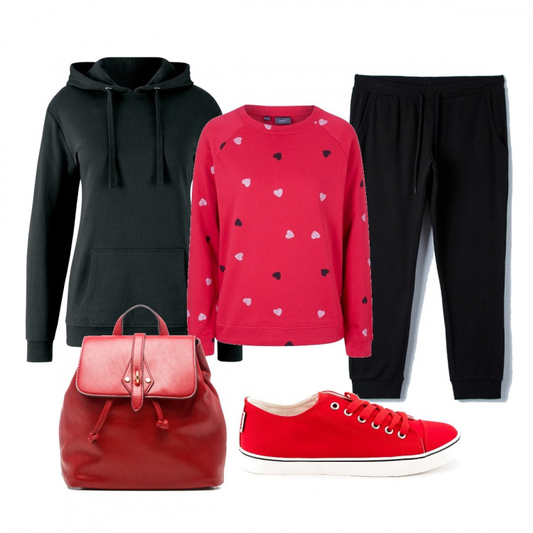 Outfit donna - I Due Cuori. Stile Sporty chic per Tutti i giorni. Abbinamento con felpe con cappuccio, felpe, pantaloni, sneakers, zaini.