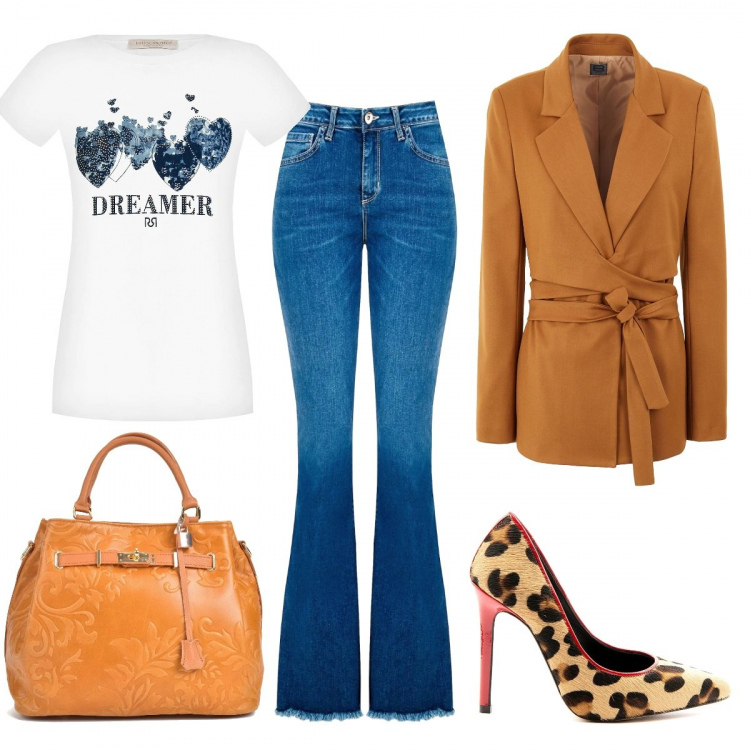 Outfit donna - Tacco e Jeans. Stile Casual chic per Tutti i giorni. look ideale per Tall. Abbinamento con blazer, borse a mano, t-shirt, jeans bootcut, décolleté.