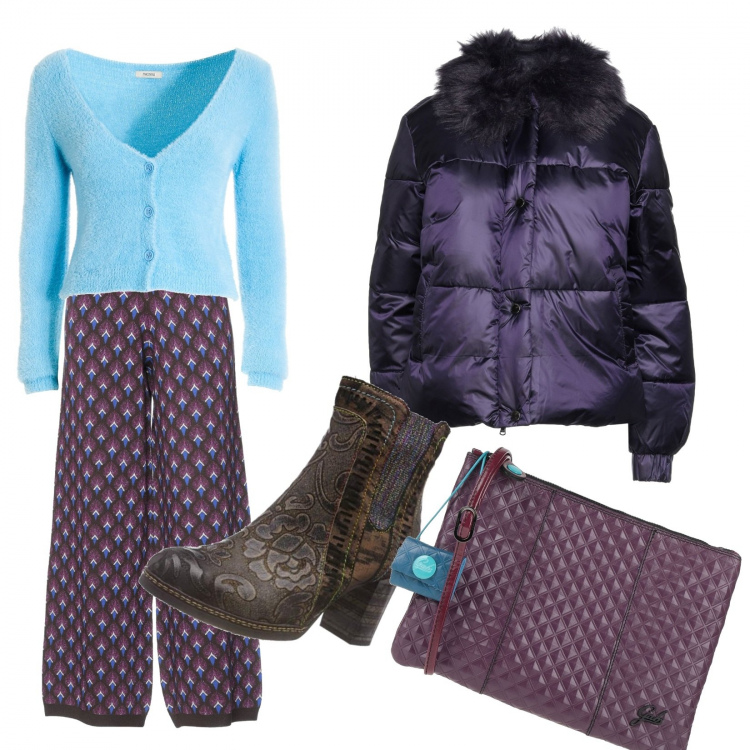 Outfit donna - Total look #1267044. Stile Casual per Serata fuori. Abbinamento con piumini, borse a tracolla, pantaloni, cardigans, stivaletti chelsea.
