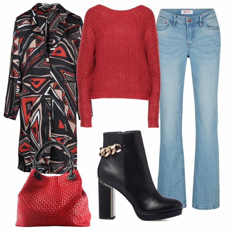 Outfit donna - Total look #1267064. Stile Trendy per Scuola/Università. Abbinamento con jeans bootcut, cappotti, pullovers, stivaletti, borse a mano.