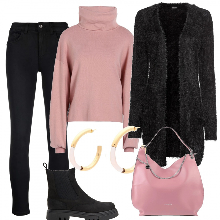 Outfit donna - In città. Stile Casual chic per Tutti i giorni. Abbinamento con cardigans, maglieria, borse a mano, anfibi, orecchini, jeans skinny.