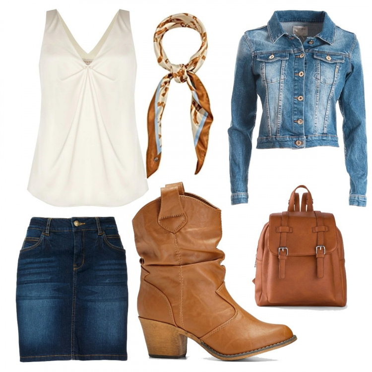 Outfit donna - Divertimento sbarazzino. per Serata fuori. Abbinamento con stivaletti texani, gonne, zaini, top, blazer, sciarpe.