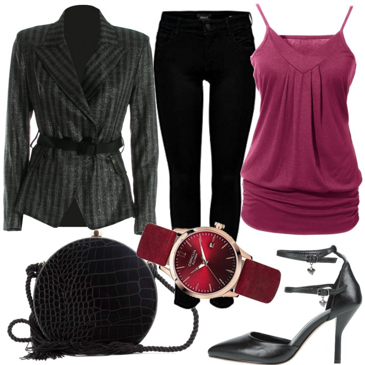 Outfit donna - In jeans ma elegante. Stile Casual chic per Serata fuori. Abbinamento con top, décolleté, giacche, borse a tracolla, jeans skinny, orologi analogici.