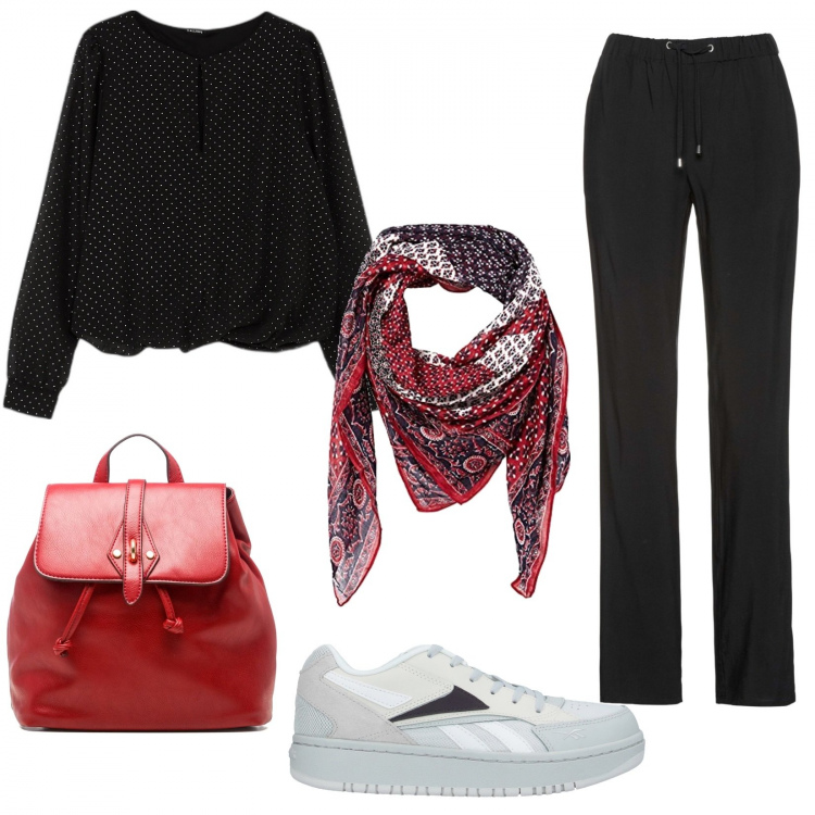 Outfit donna - Micro pois. Stile Casual per Tutti i giorni. Abbinamento con sneakers, pantaloni, bluse, zaini, sciarpe.
