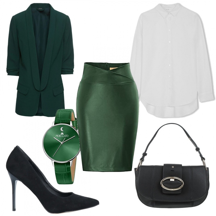 Outfit donna - Il verde in ufficio. Stile Chic per Ufficio. Abbinamento con blazer, borse a mano, décolleté, camicie, gonne longuette, orologi.