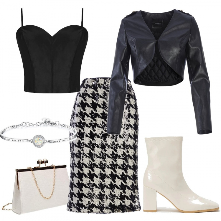Outfit donna - Cheap and chic. Stile Casual chic per Serata fuori. Abbinamento con top, gonne longuette, bolero, stivaletti, braccialetti, pochette.