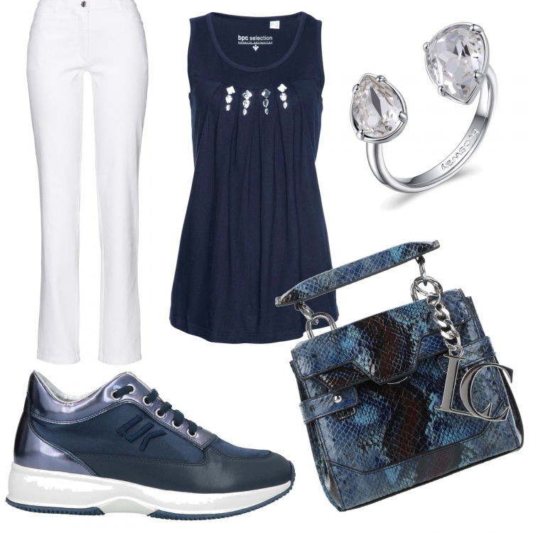 Outfit donna - Blue and white. Stile Casual chic per Tutti i giorni. Abbinamento con pantaloni, top, sneakers, borse a mano, anelli.