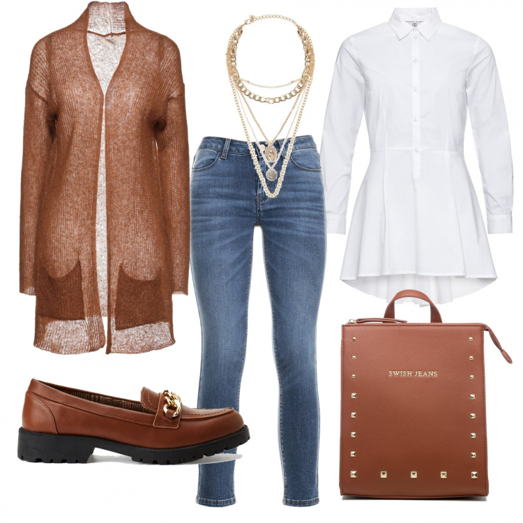 Outfit donna - Un\'abbinata vincente. Stile Trendy per Ufficio. Abbinamento con camicie, cardigans, collane, jeans, mocassini, zaini.