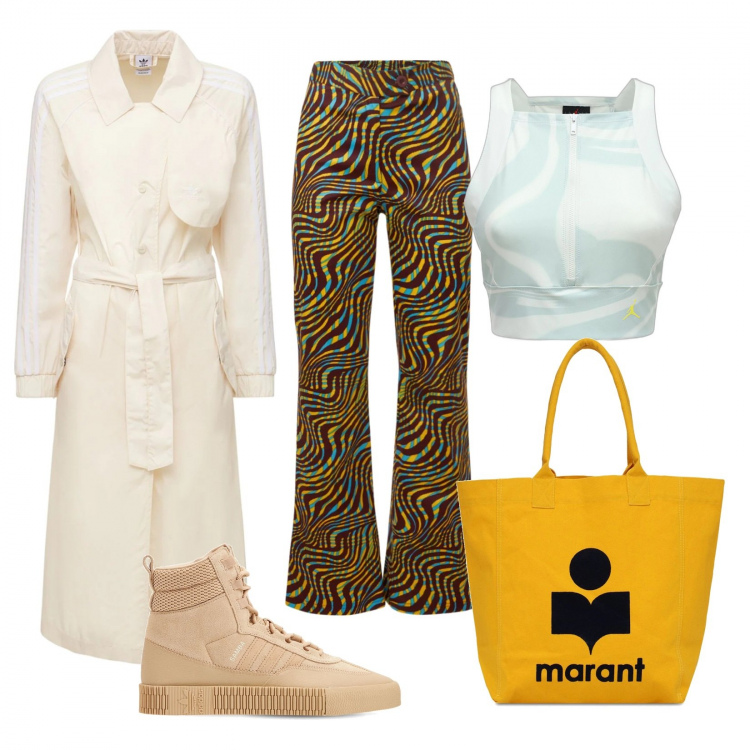 Outfit donna - Il cappotto Adidas. Stile Casual chic per Serata fuori. Abbinamento con top, stivali, pantaloni, shopping bag, trench.