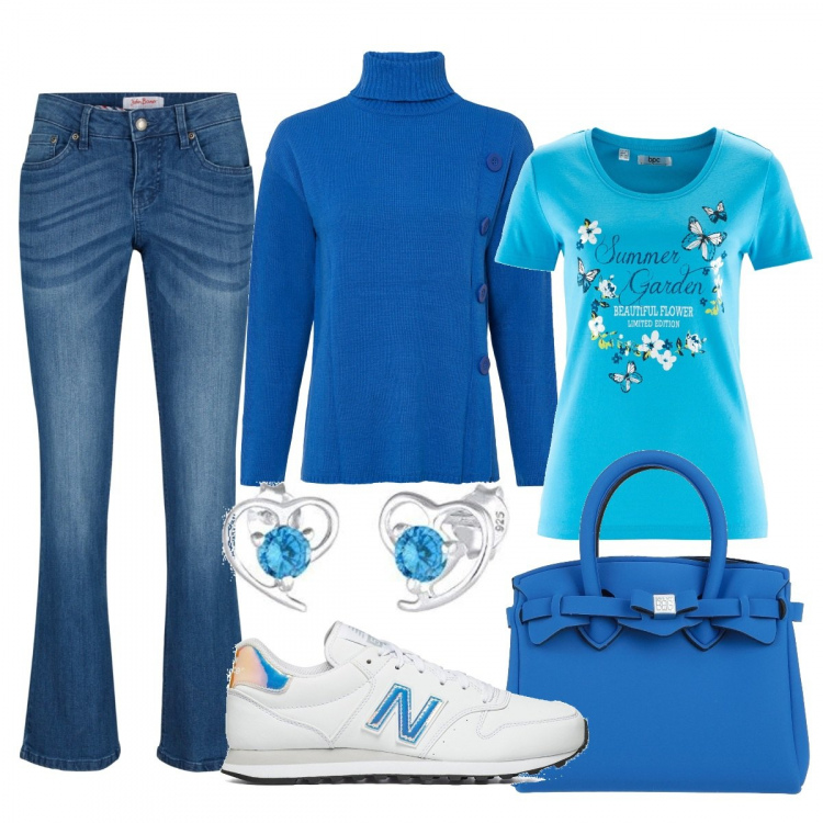 Outfit donna - Come il mare. Stile Basic per Tutti i giorni. Abbinamento con jeans bootcut, t-shirt, maglieria, borse a mano, sneakers, orecchini.