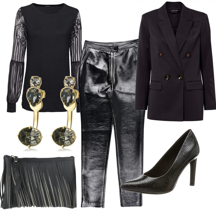 Outfit donna - Total black per una serata. Stile Glamour per Serata fuori. Abbinamento con bluse, blazer, pantaloni skinny, borse a mano, orecchini, décolleté.