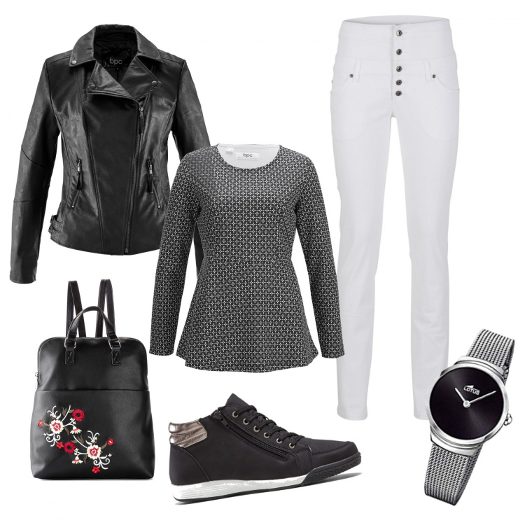Outfit donna - Black and white. Stile Casual per Ufficio. Abbinamento con sneakers alte, blazer, maglieria, pantaloni skinny, zaini, orologi.