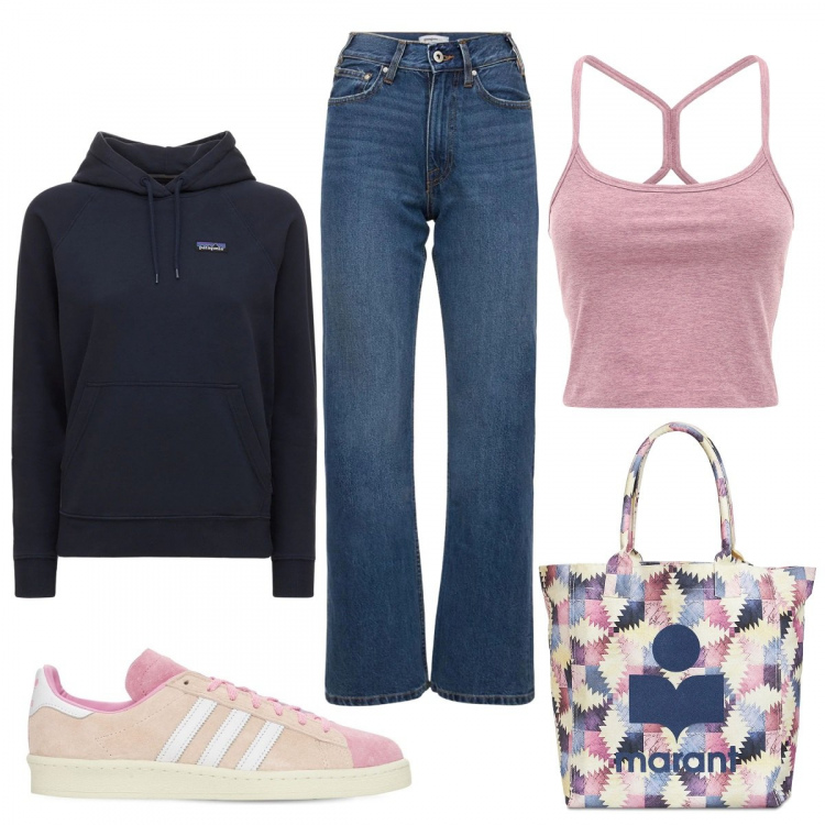 Outfit donna - Voglia di primavera. Stile Basic per Tutti i giorni. Abbinamento con sneakers, jeans, shopping bag, felpe con cappuccio, canottiere.