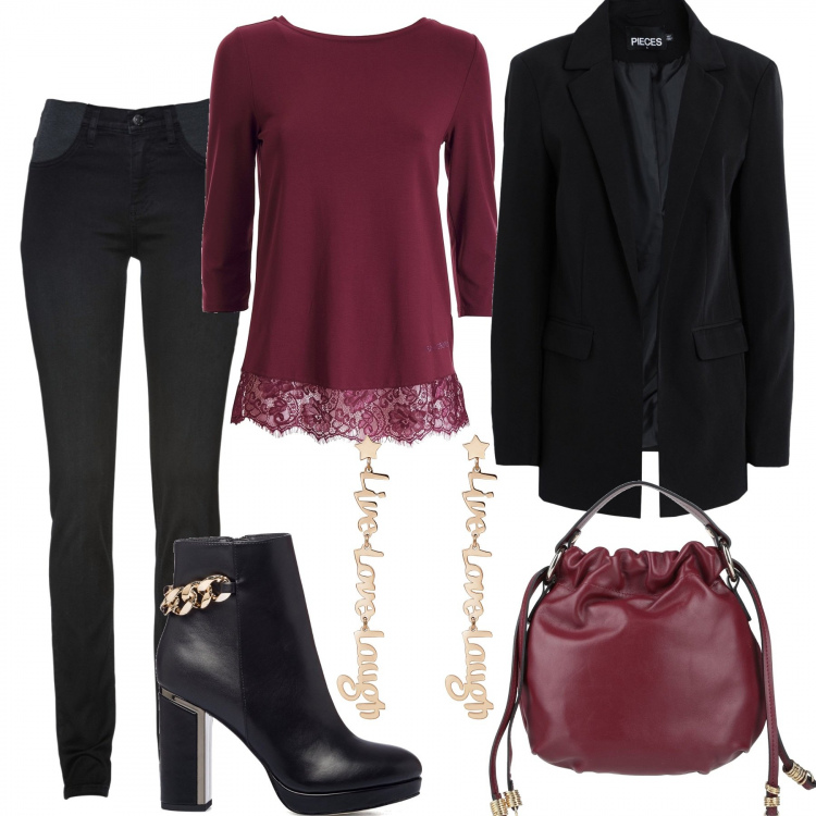 Outfit donna - In ufficio. Stile Casual chic per Ufficio. Abbinamento con jeans skinny, borse a mano, blazer, maglieria, orecchini, stivaletti.