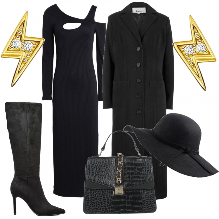 Outfit donna - In ufficio. Stile Casual chic per Ufficio. Abbinamento con cappotti, vestiti midi/longuette, borse a mano, stivali, cappelli, orecchini.