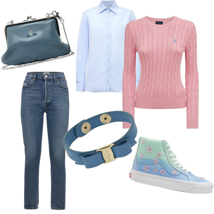 Outfit donna - Pranzo di San Valentino. Stile Casual chic per Tutti i giorni. Abbinamento con braccialetti, sneakers, camicie, borse a spalla, jeans slim fit, maglieria.