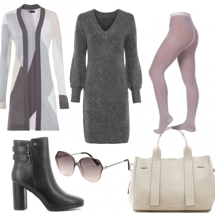 Outfit donna - Su gli occhiali e via. Stile Casual chic per Ufficio. Abbinamento con vestiti, vestiti da spiaggia, occhiali da sole, collant, stivaletti, borse a mano.