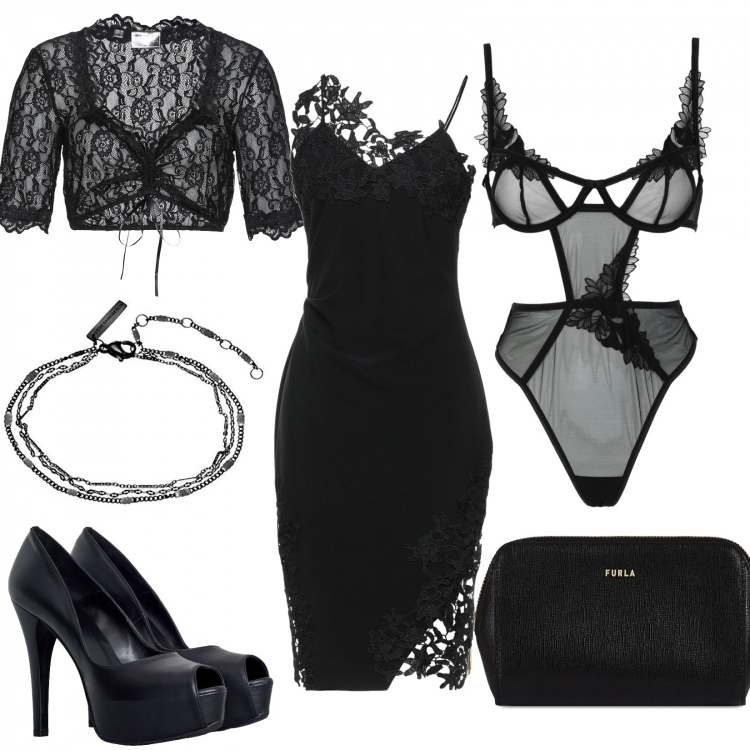 Outfit donna - Risvolto piccante. Stile Sexy per Serata fuori. Abbinamento con vestiti midi/longuette, body, pochette, camicie, décolleté, braccialetti.