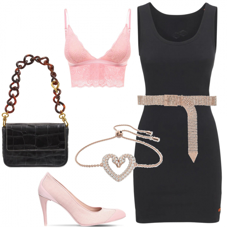 Outfit donna - Buon San Valentino. Stile Chic per Serata fuori. Abbinamento con cinture, perizomi, borse a spalla, vestiti, braccialetti, décolleté.