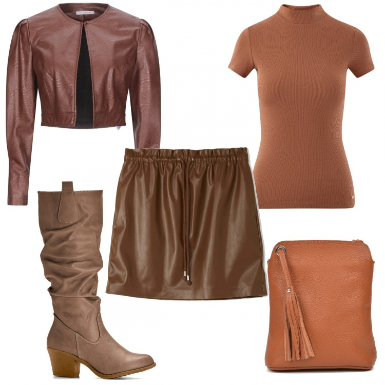 Outfit donna - La borsa di cuoio. Stile Trendy per Tutti i giorni. Abbinamento con stivali, blazer, borse a tracolla, minigonne, maglieria.