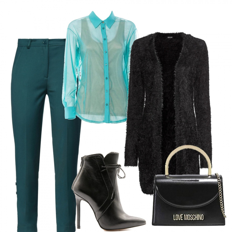 Outfit donna - Serata. Stile Casual chic per Serata fuori. Abbinamento con cardigans, pantaloni, stivaletti, camicie, borse a spalla.