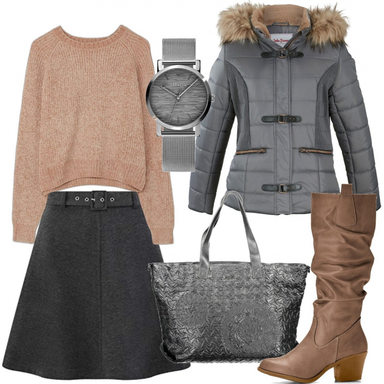 Outfit donna - Appuntamento di lavoro. Stile Basic per Ufficio. Abbinamento con stivali, giacche, maglieria, minigonne, borse a spalla, orologi analogici.