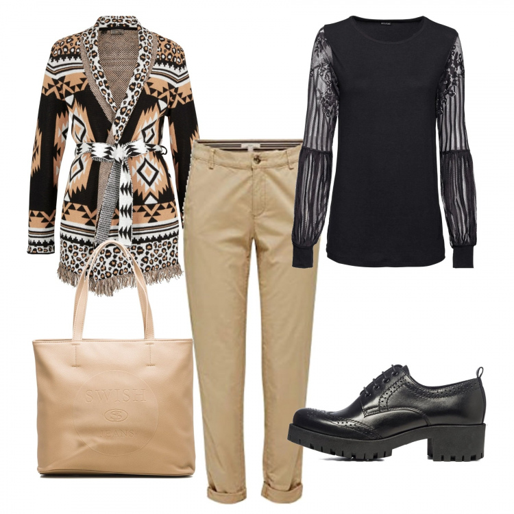 Outfit donna - Cardigan stampa etnica #2. Stile Casual per Ufficio. Abbinamento con bluse, cardigans, scarpe stringate, borse a spalla, pantaloni chino.