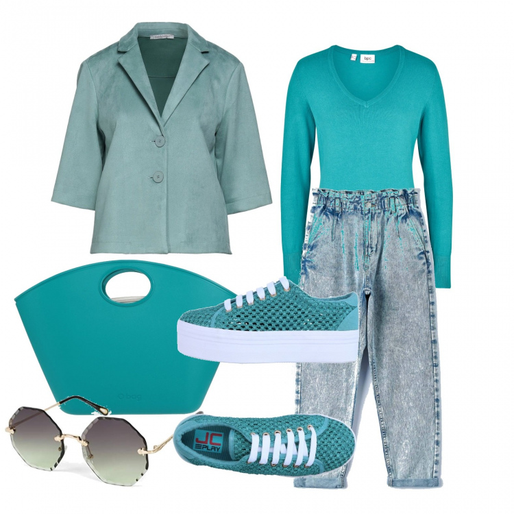 Outfit donna - In giro con Cristina. Stile Basic per Tutti i giorni. Abbinamento con maglieria, sneakers, blazer, borse a mano, jeans, occhiali da sole.