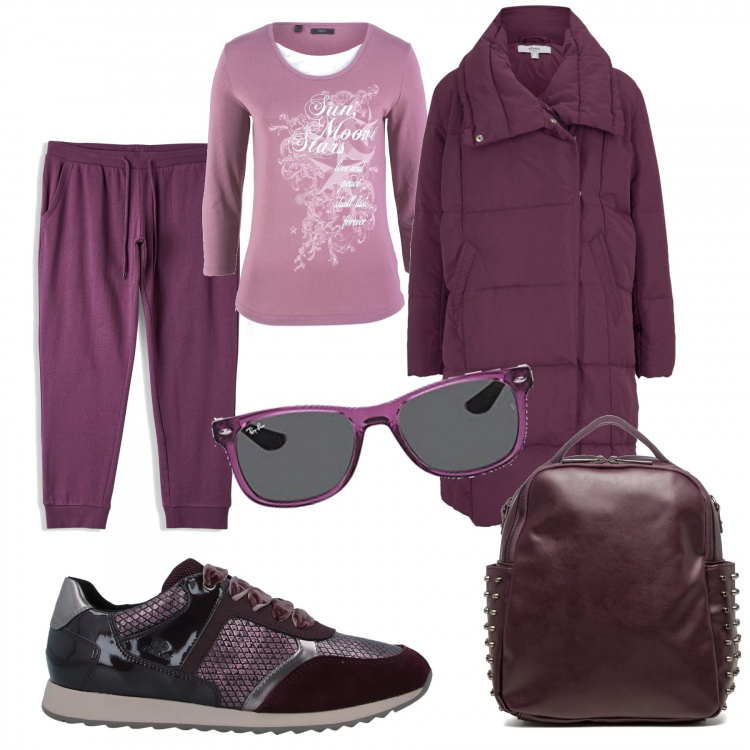 Outfit donna - Al parco in viola. Stile Casual per Tutti i giorni. Abbinamento con maglieria, giacche, sneakers, pantaloni, zaini, occhiali da sole.