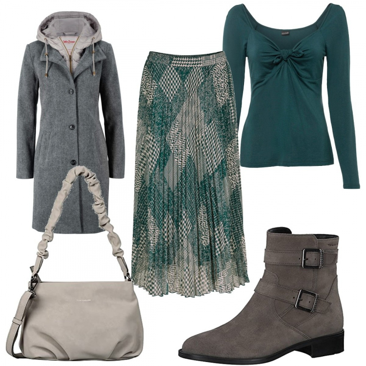 Outfit donna - Basic in verde e grigio. Stile Basic per Tutti i giorni. Abbinamento con cappotti, gonne, maglieria, stivaletti, borse a tracolla.