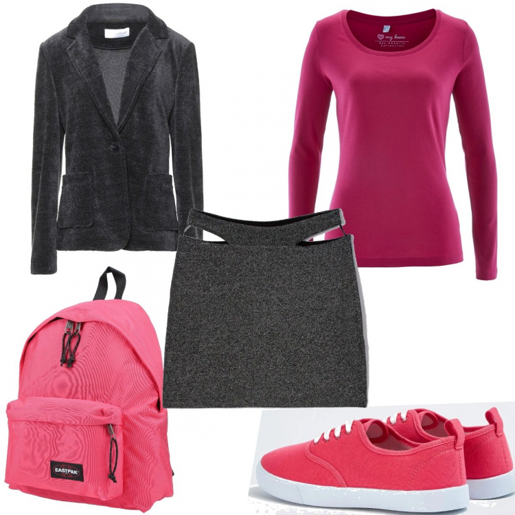 Outfit donna - Rosa e grigio sporty- chic. Stile Sporty chic per Tutti i giorni. Abbinamento con maglieria, blazer, zaini, sneakers, gonne.