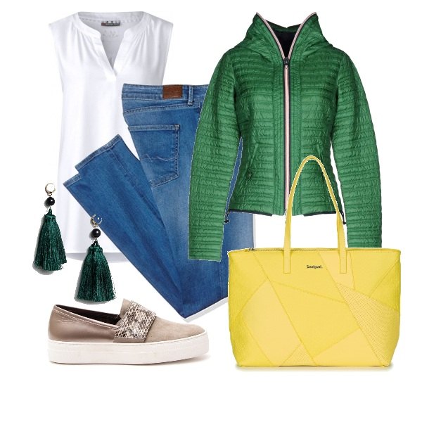 Outfit donna - Looks da Lillys. Stile Basic per Tutti i giorni. Abbinamento con piumino collo tondo a maniche lunghe con zip in tessuto tecnico tinta unita, borsa giallo, jeans in denim blu, blusa bianco, slippers effetto laminato con fasce, orecchini pendenti con perle farfalla con perline e nappine oro.