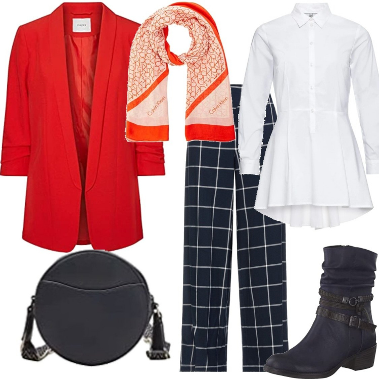 Outfit donna - Un pomeriggio con l\'amica del cuore. Stile Casual per Tutti i giorni. Abbinamento con camicie, pantaloni, blazer, stivaletti, borse tote, sciarpe.
