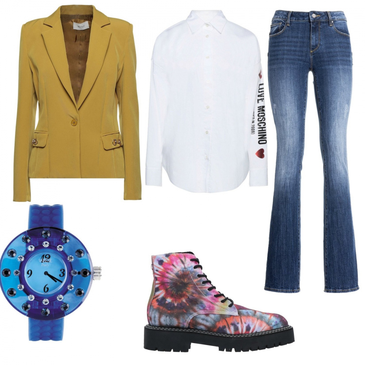 Outfit donna - Look da ufficio. Stile Casual per Ufficio. Abbinamento con stivaletti, blazer, camicie, orologi, jeans bootcut.